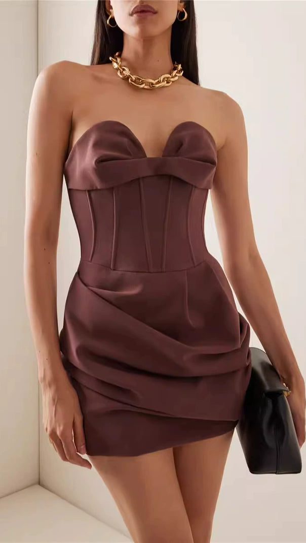 AIIZIE GRISELDA DRAPED WOOL-BLEND BUSTIER MINI DRESS IN BROWN - product image