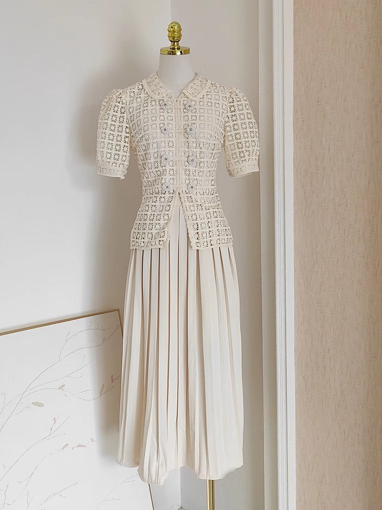 AIIZIE DOUBLE BREASTED LANTERN SLEEVE LACE TOP PLEATED SKIRT SET IN APRICOT - product image