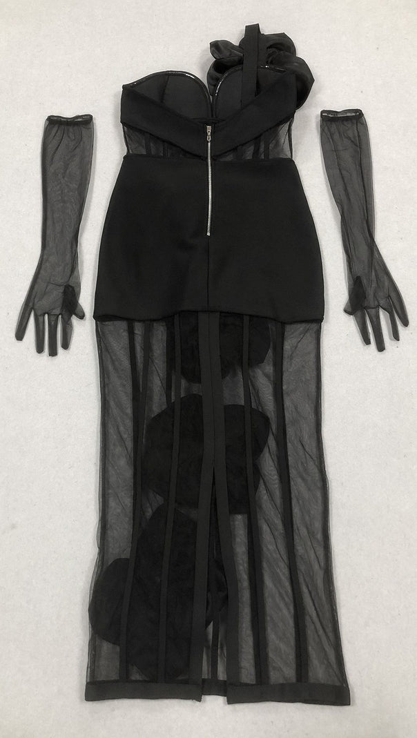 AIIZIE STRAPLESS FLORAL MESH BANDAGE DRESS MIDI DRESS BLACK - product image