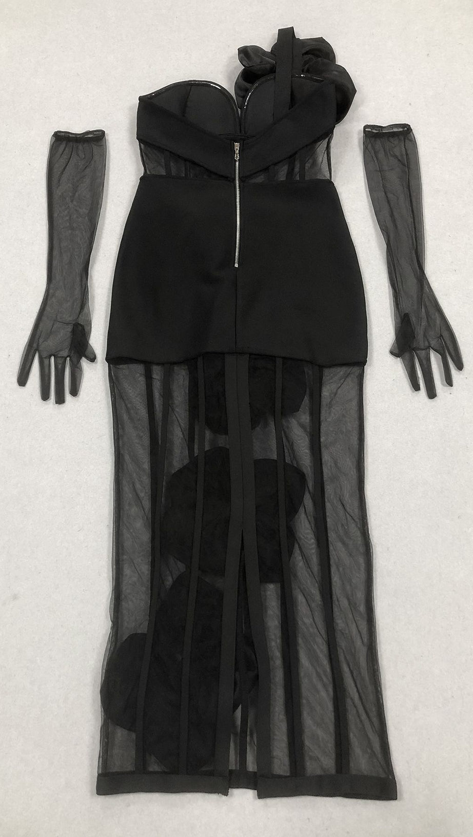 STRAPLESS FLORAL MESH BANDAGE DRESS MIDI DRESS BLACK