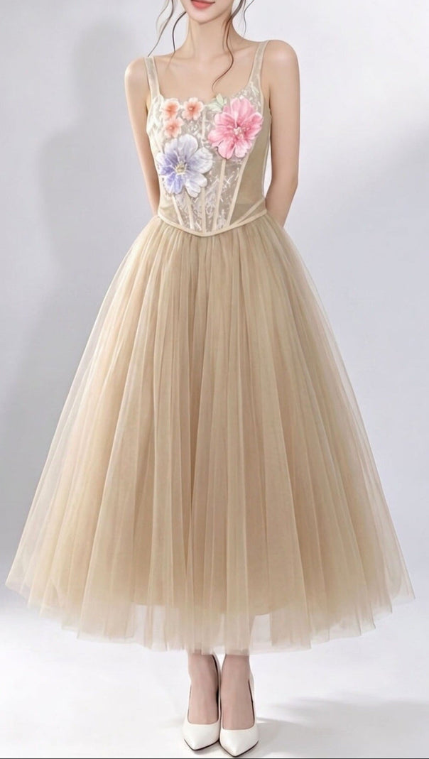 3D floral camisole top & tulle skirt set -  champagne