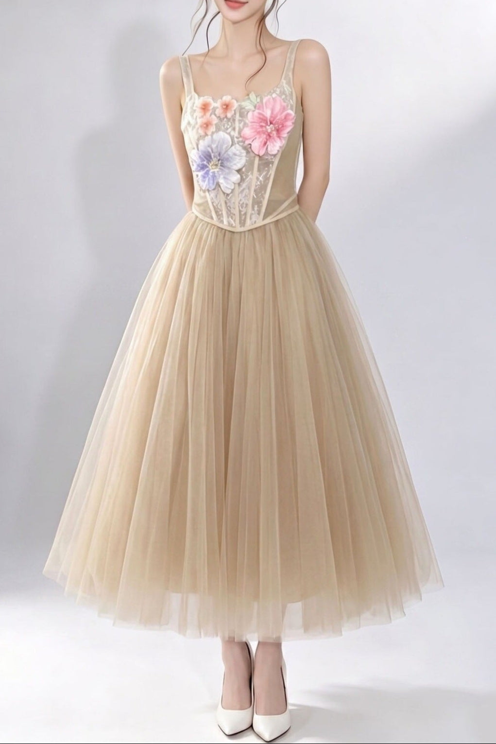 3D floral camisole top & tulle skirt set -  champagne