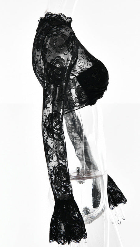 TOP CORTO IN PIZZO FLOREALE NERO