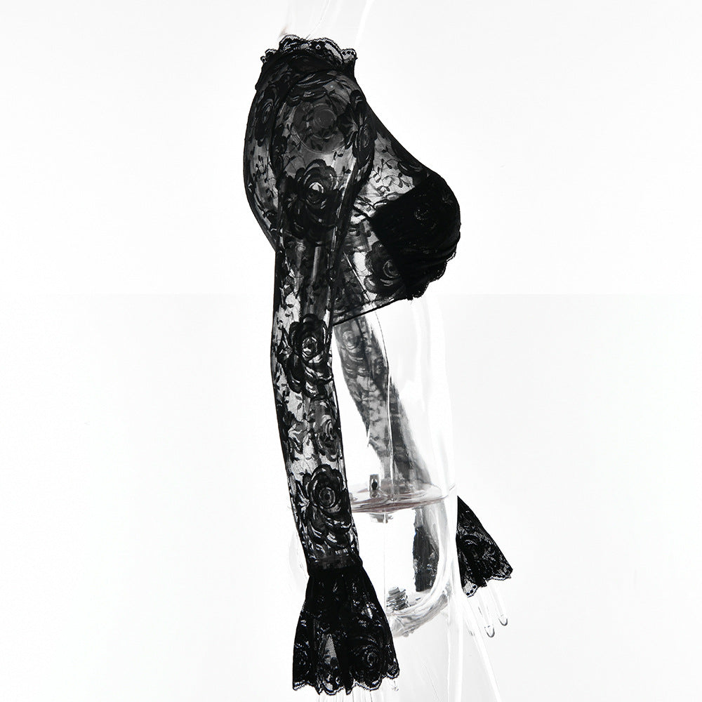 AIIZIE FLORAL CROP LACE TOP IN BLACK - product image