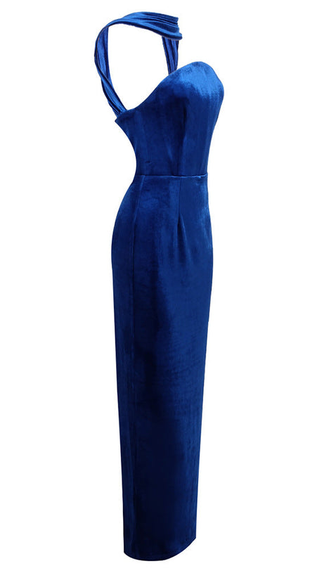 JOSEPHINE OFF-SHOULDER VELVET SASH GOWN IN BLUE