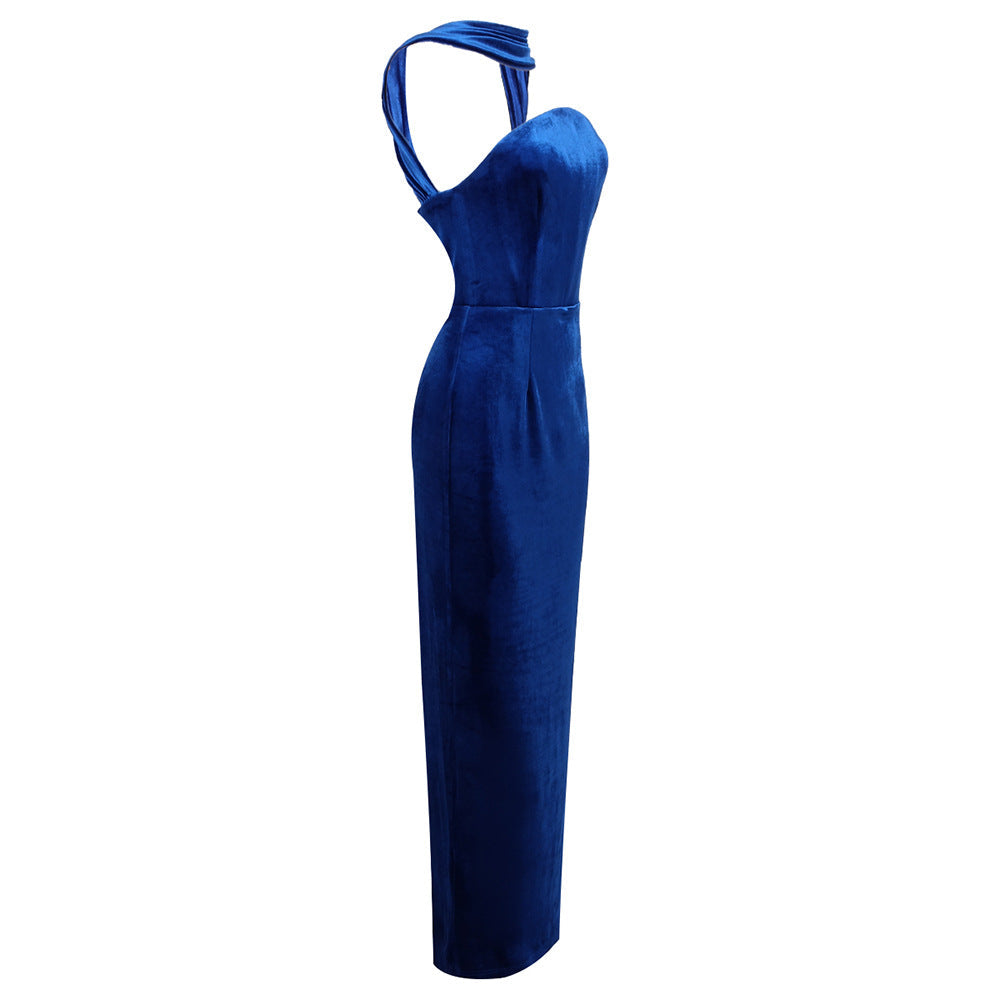 AIIZIE JOSEPHINE OFF-SHOULDER VELVET SASH GOWN IN BLUE - product image