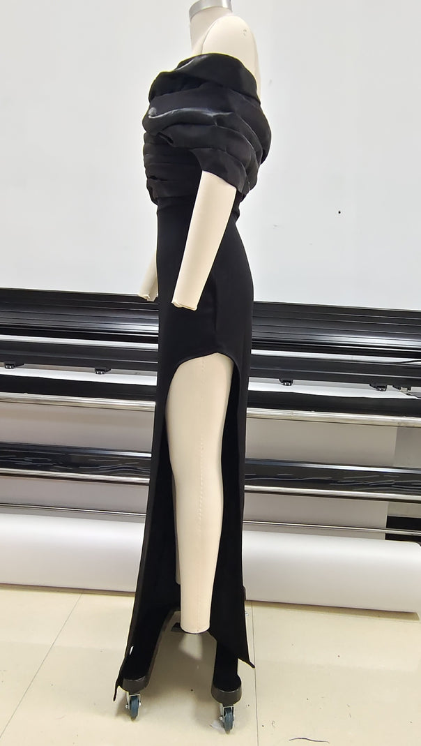 SOPHIA OFF SHOULDER RUCHED MAXI SLIT DRESS IN BLACK