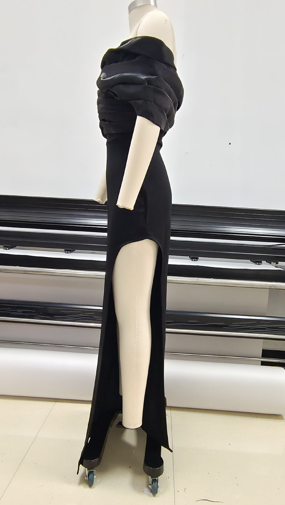 SOPHIA OFF SHOULDER RUCHED MAXI SLIT DRESS IN BLACK