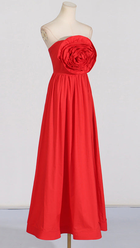OFF-SHOULDER 3D FLOWER CHIFFON MAXI DRESS IN RED