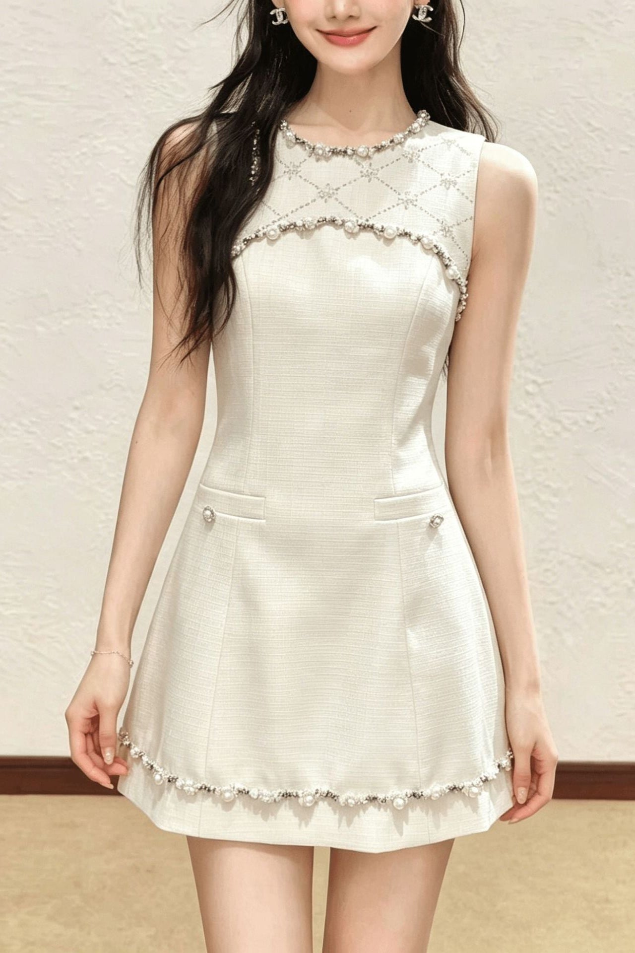 nina rhinestone a-line mini dress - beige