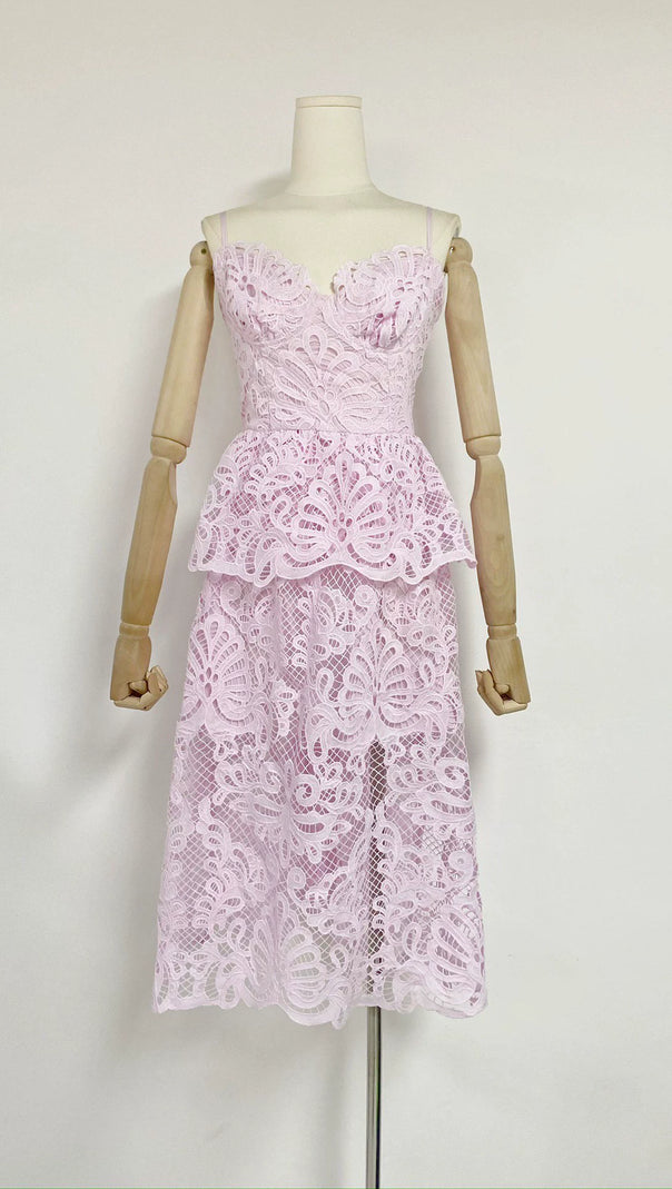 AIIZIE EVELYN CUT OUT LACE LAYERING MIDI DRESS IN PINK - product image