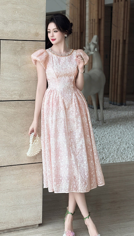 pearl neck Puff sleeve flared lace midi dress - pink