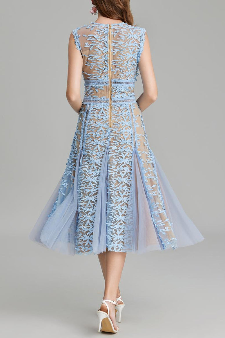 phoenix 3d Embroidered lace mesh midi dress in blue