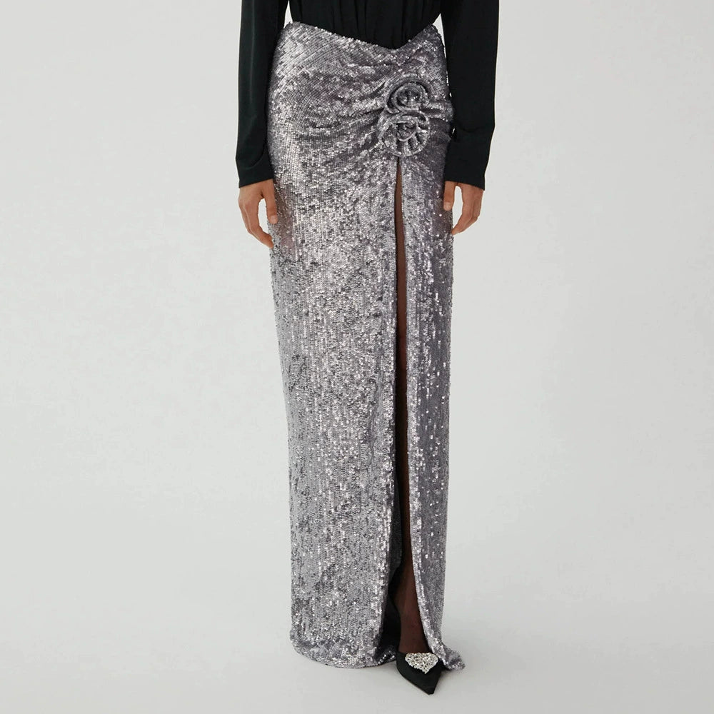 AIIZIE ELVIRA FLORAL-APPLIQUÉ SEQUINED MAXI SKIRT IN SLIVER - product image