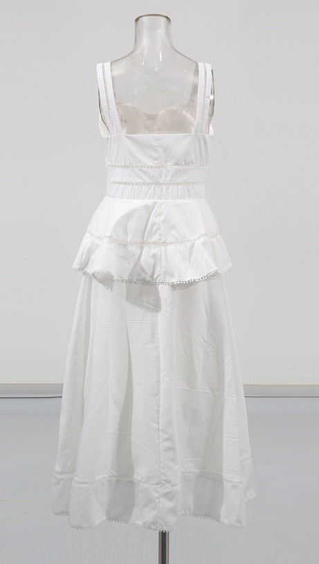 PEPLUM HOLLOW MIDI DRESS IN BEIGE