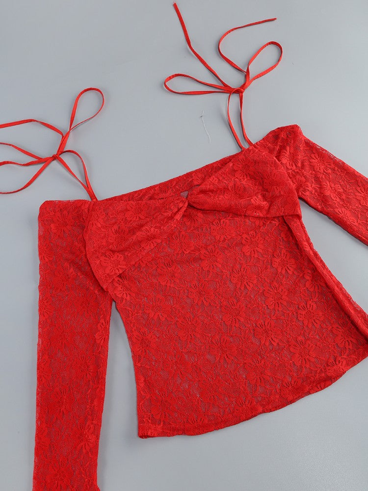 AIIZIE HELEN LACE FLORAL APPLIQUÉ TWO PIECE SET IN RED - product image