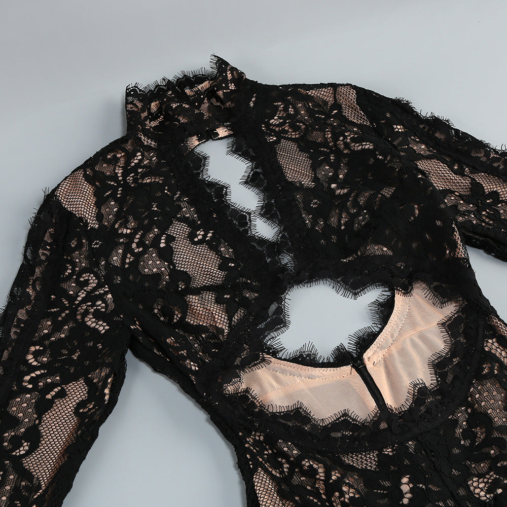 AIIZIE V-NECK LONG-SLEEVED LACE SHEER MAXI DRESS BLACK - product image