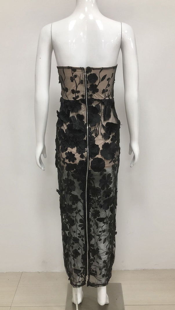 AIIZIE OFF-SHOULDER WITH 3D MESH EMBROIDERED SEQUINS MAXI DRESS BLACK - product image