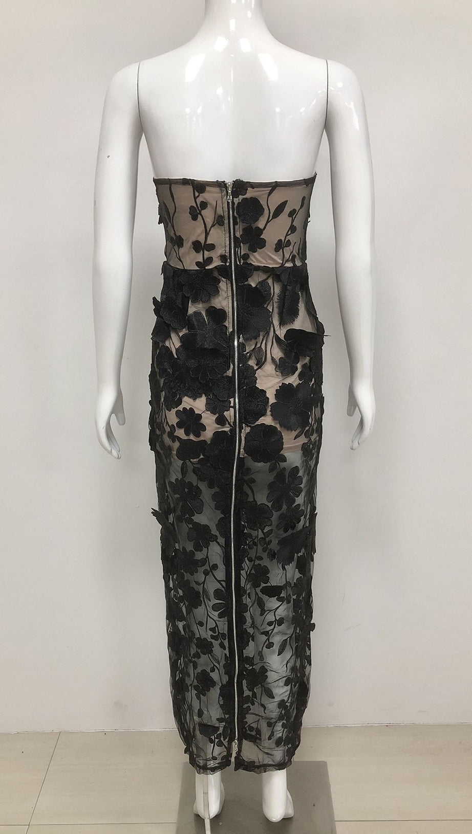 OFF-SHOULDER WITH 3D MESH EMBROIDERED SEQUINS MAXI DRESS BLACK