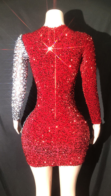 SEQUIN RHINESTONE PATCHWORK DRESS