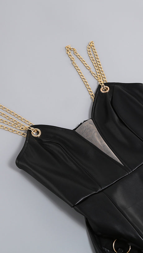 BLACK FAUX LEATHER CHAIN - STRAP MAXI DRESS