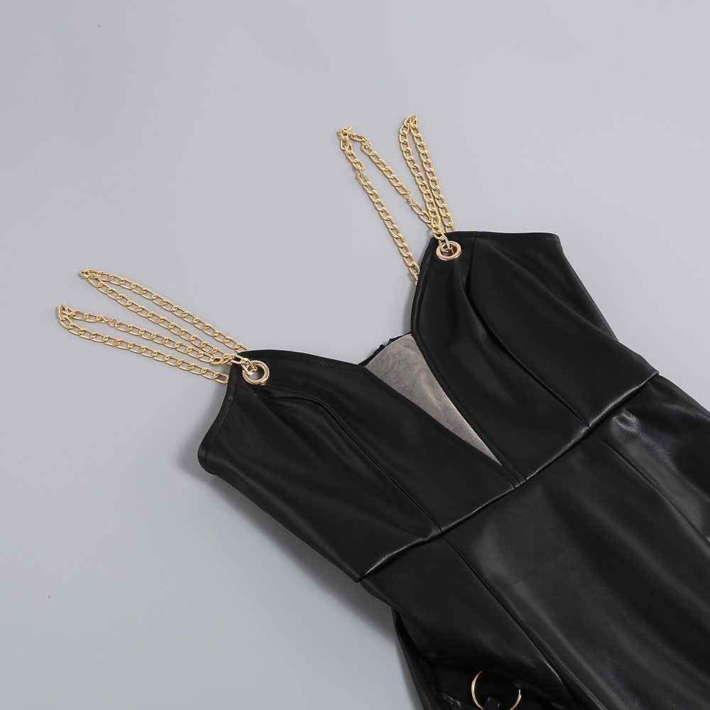 AIIZIE BLACK FAUX LEATHER CHAIN - STRAP MAXI DRESS - product image