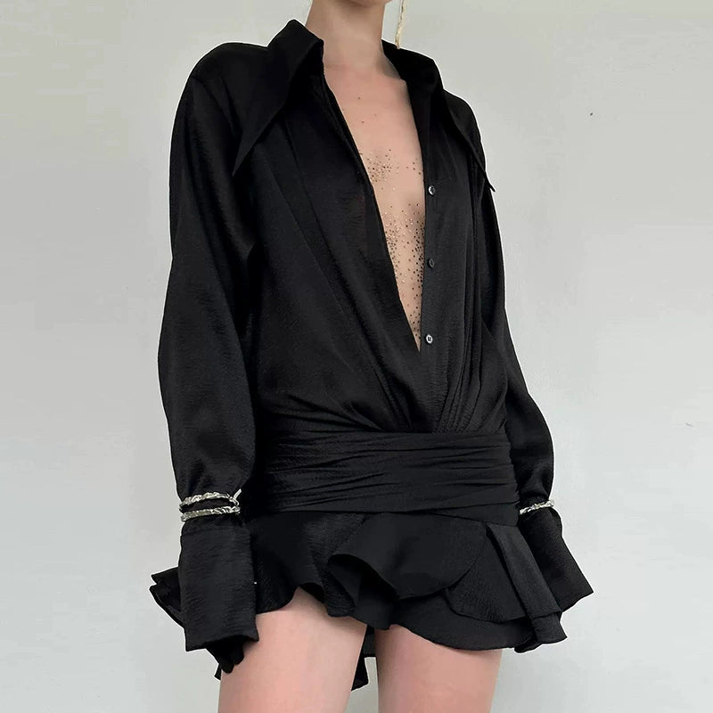 EMBER RUCHED RUFFLE MINI DRESS IN BLACK