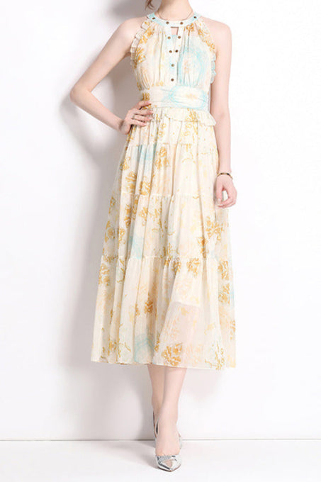ELVIRA PRINT SLEEVELESS HALTERNECK MIDI DRESS IN YELLOW