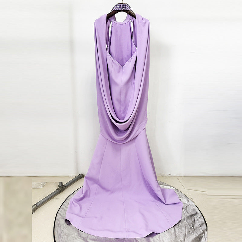 Lavender Hand-Beaded Mermaid Gown with Cape Shoulders