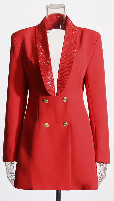GEORGIA BLAZER MIT STRASSKNÖPFEN UND RÜCKENFREIEM BUND IN ROT