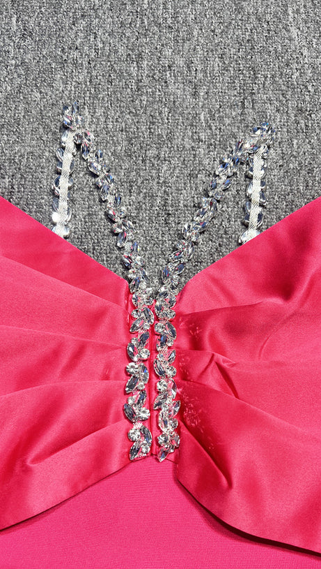 FUCHSIA FANTASY RHINESTONE EMBELLISHED OFF SHOULDER DRESS