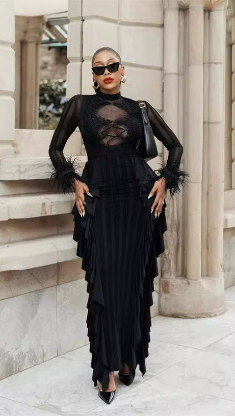 PANAGAS LONG SLEEVE MESH RUFFLE DRESS