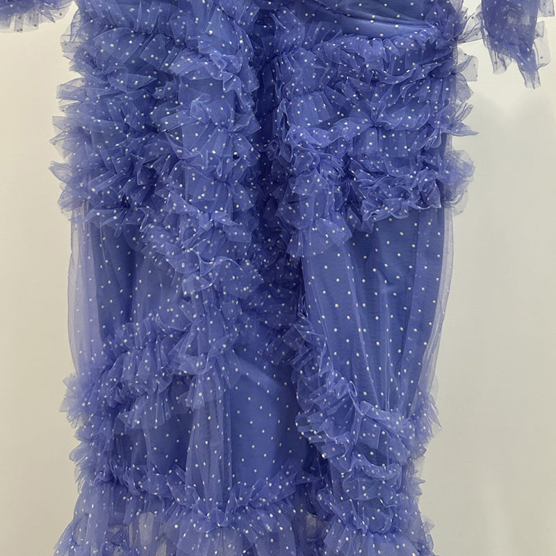 V-NECKLINE TIERED MESH GOWN IN BLUE