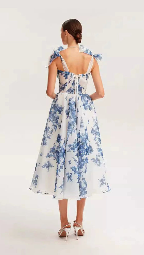 PRIMA PALE BLUE FLORAL A-LINE STRAP MIDI DRESS