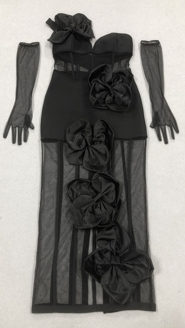 AIIZIE STRAPLESS FLORAL MESH BANDAGE DRESS MIDI DRESS BLACK - product image
