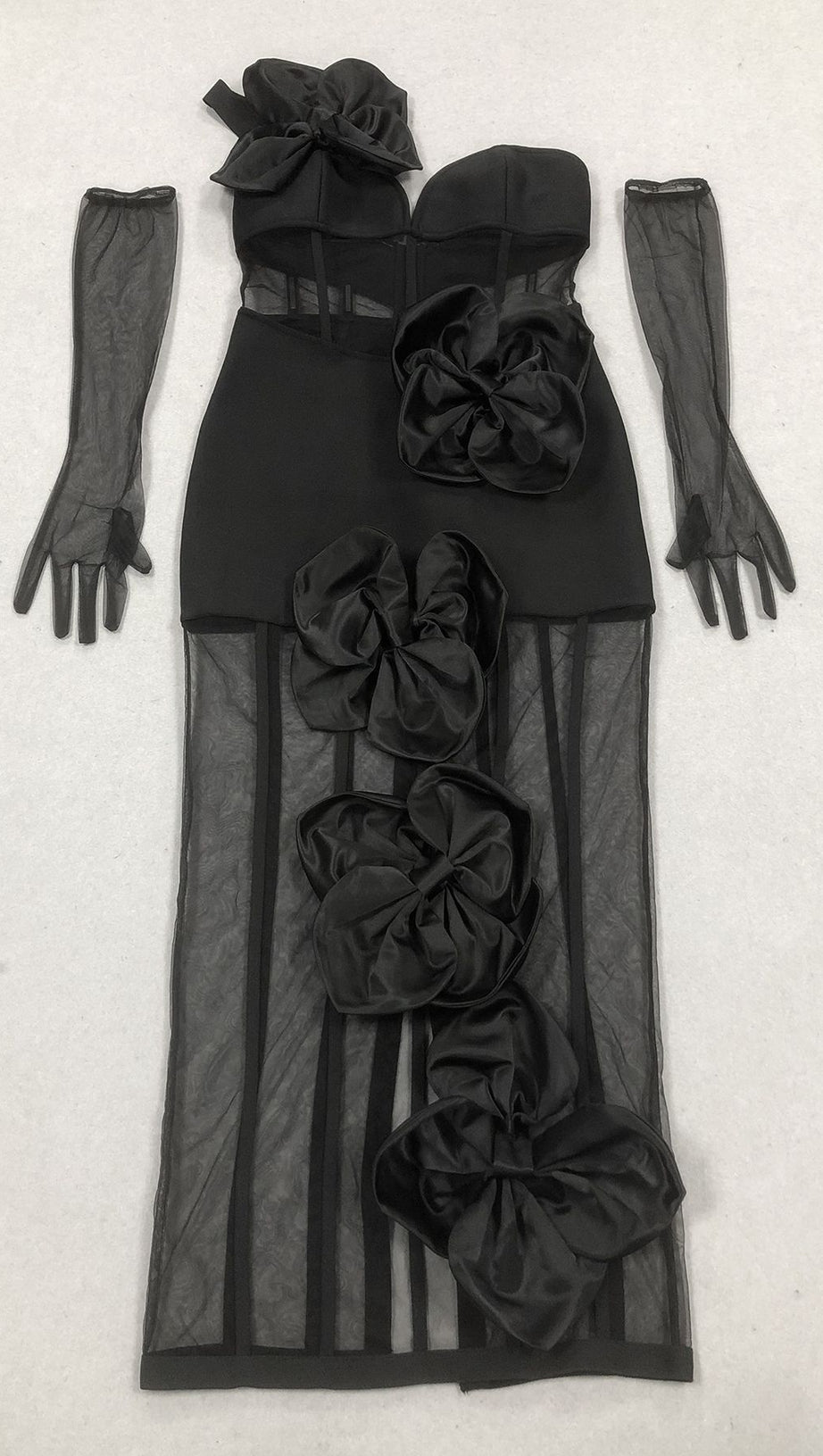 STRAPLESS FLORAL MESH BANDAGE DRESS MIDI DRESS BLACK