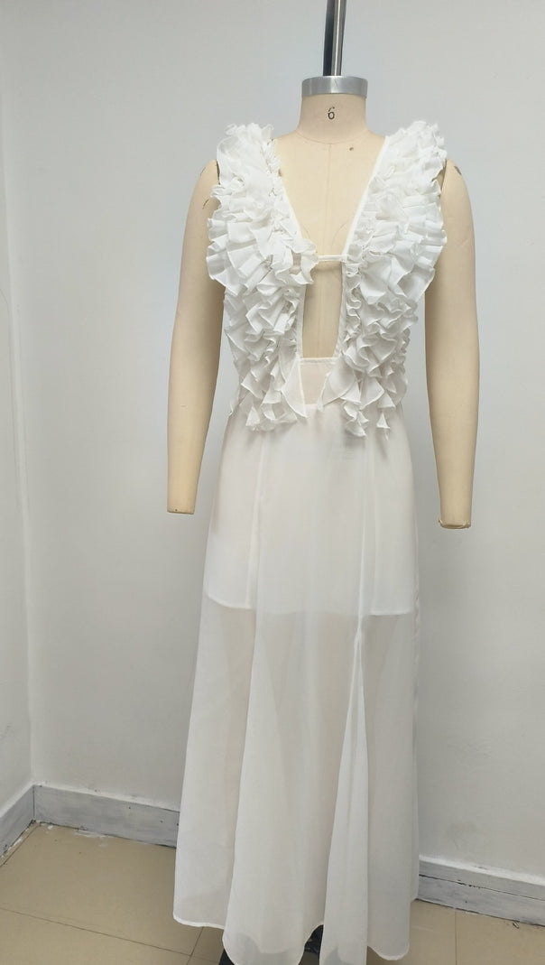 AIIZIE WHITE RUFFLED PLUNGE NECK SHEER MAXI DRESS - product image