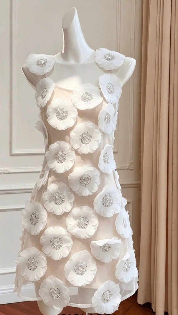 lola Rhinestone 3D Flowers mini dress - white