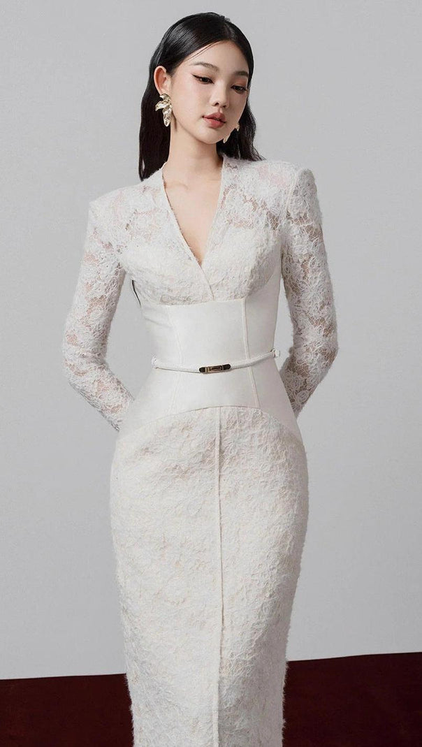 AIIZIE kimberley white v-neck lace patchwork midi dress - product image