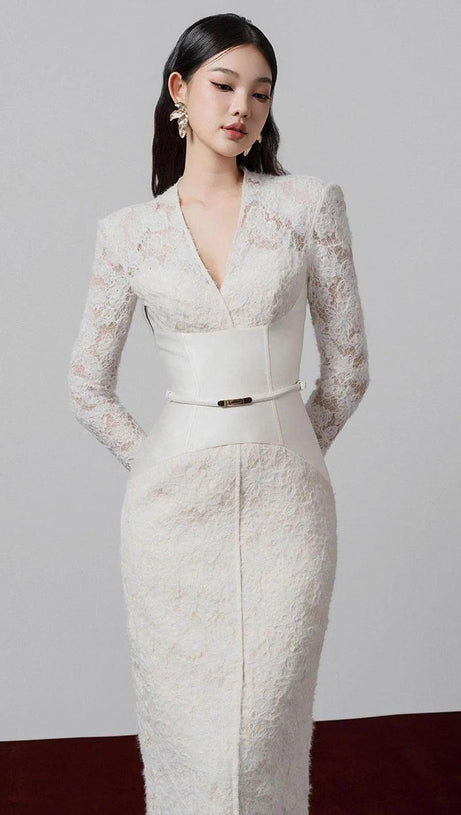 kimberley white v-neck lace patchwork midi dress