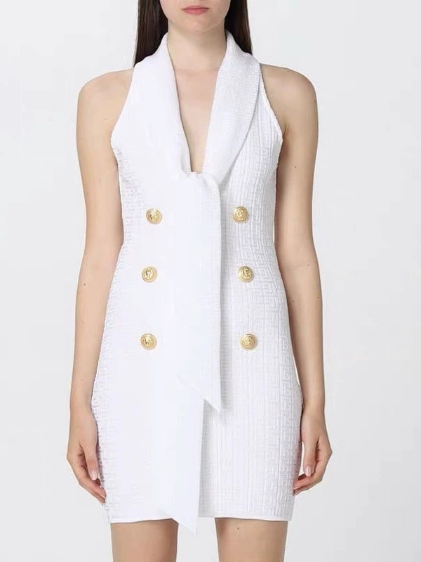 EVELYN JACQUARD-MINIKLEID MIT SCHALKRAGEN UND MONOGRAMM IN WEISS