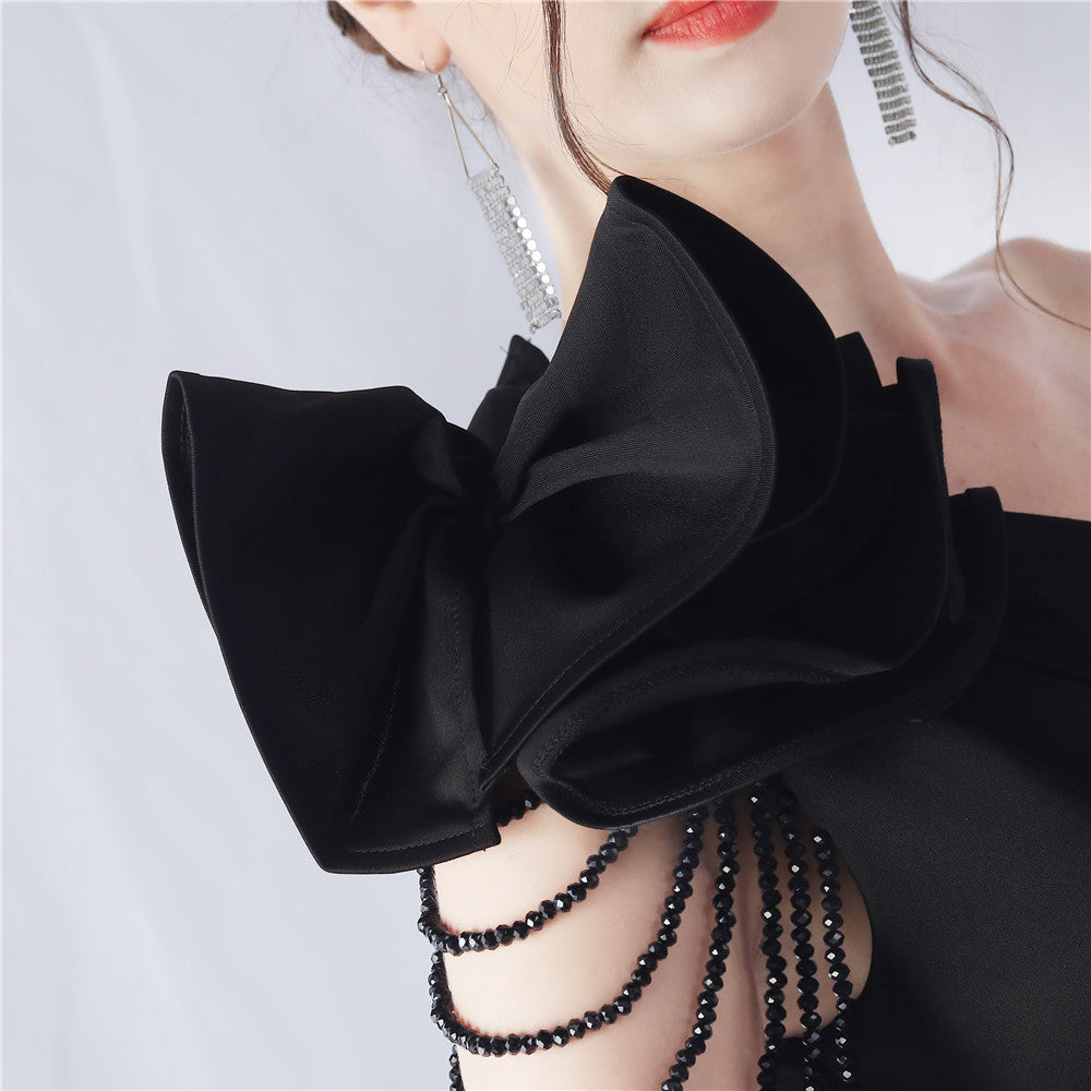 AIIZIE DEBBY BLACK ONE SHOULDER FLOWER CUT OUT SLIT MAXI DRESS - product image