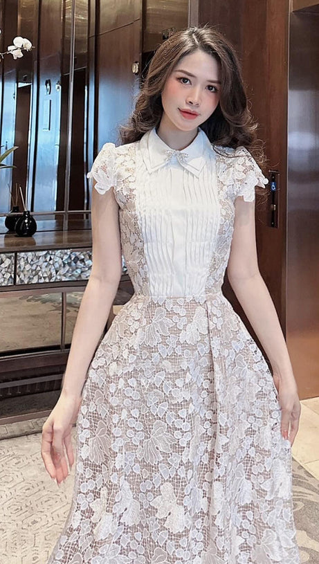leila white 3D Flower embroidery Bow Lace midi Dress