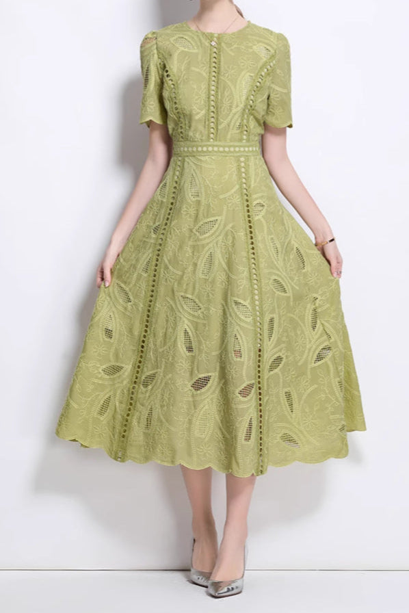 AIIZIE DANA HOLLOW EMBROIDERY LACE MIDI DRESS IN GREEN - product image
