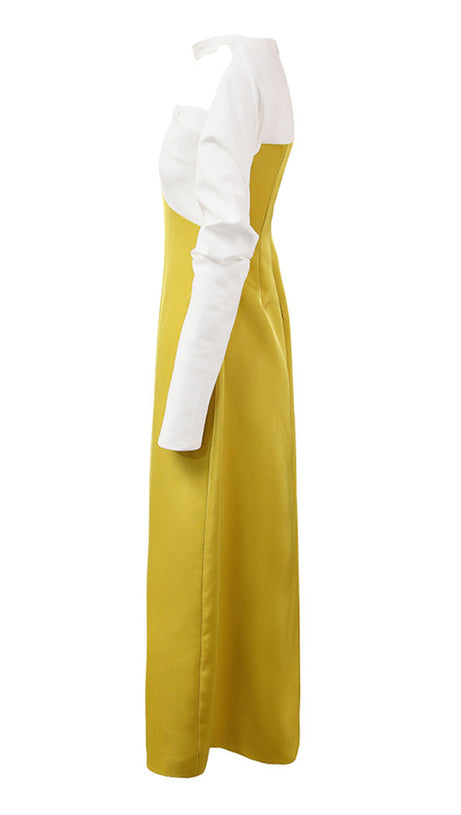 ARLENE YELLOW LONG SLEEVED CUT OUT SILK TAFFETA MIDI DRESS