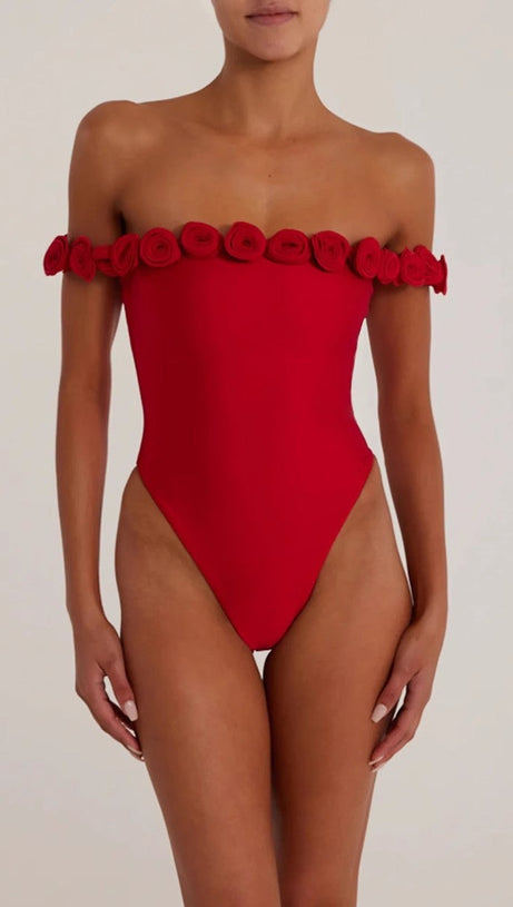 Trägerloser Bodysuit mit 3D-Blumenmuster in Rot