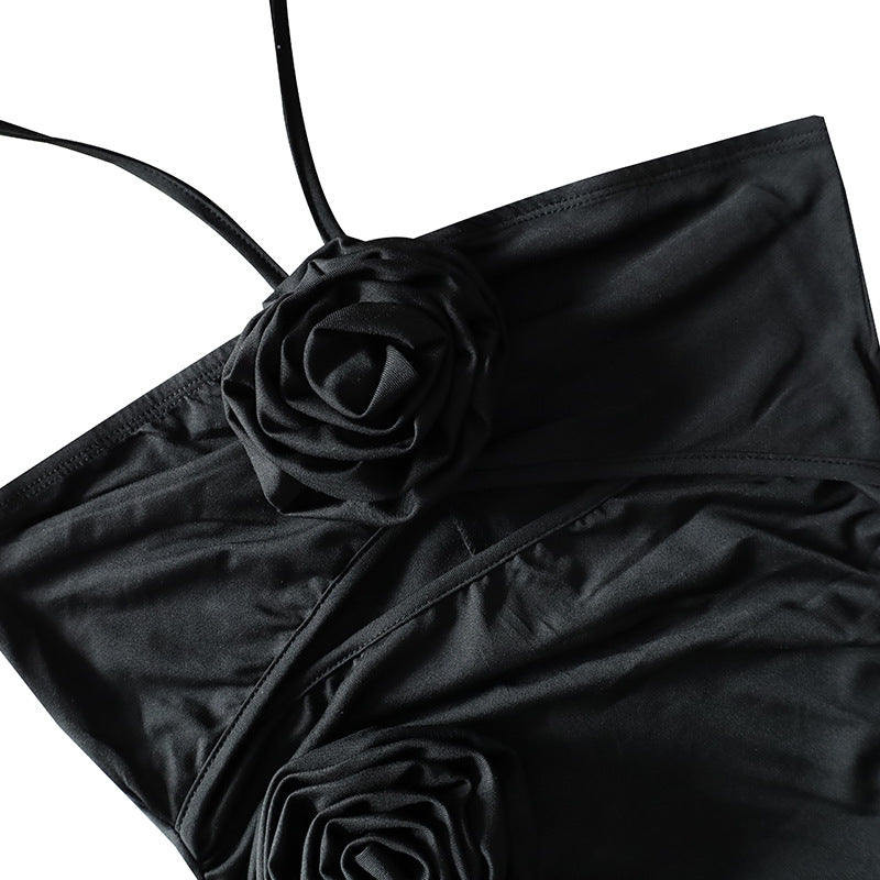 FLOWER HALTER CUT OUT DRESS IN BLACK