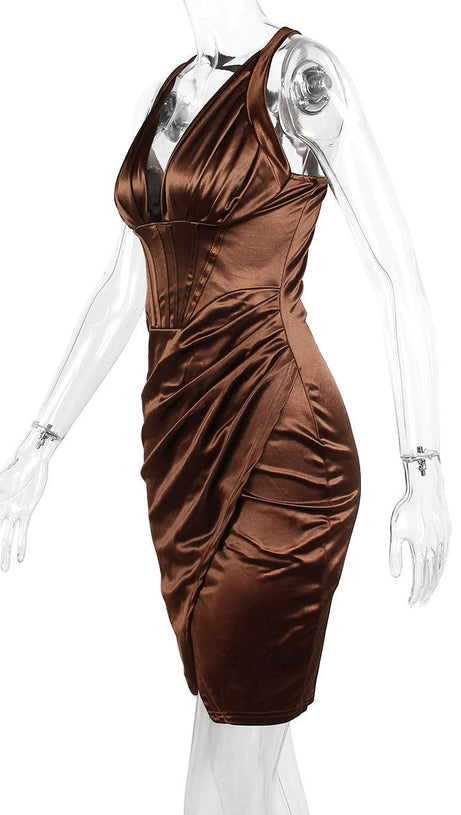 SATIN CORSET MINI DRESS IN CHOCOLATE