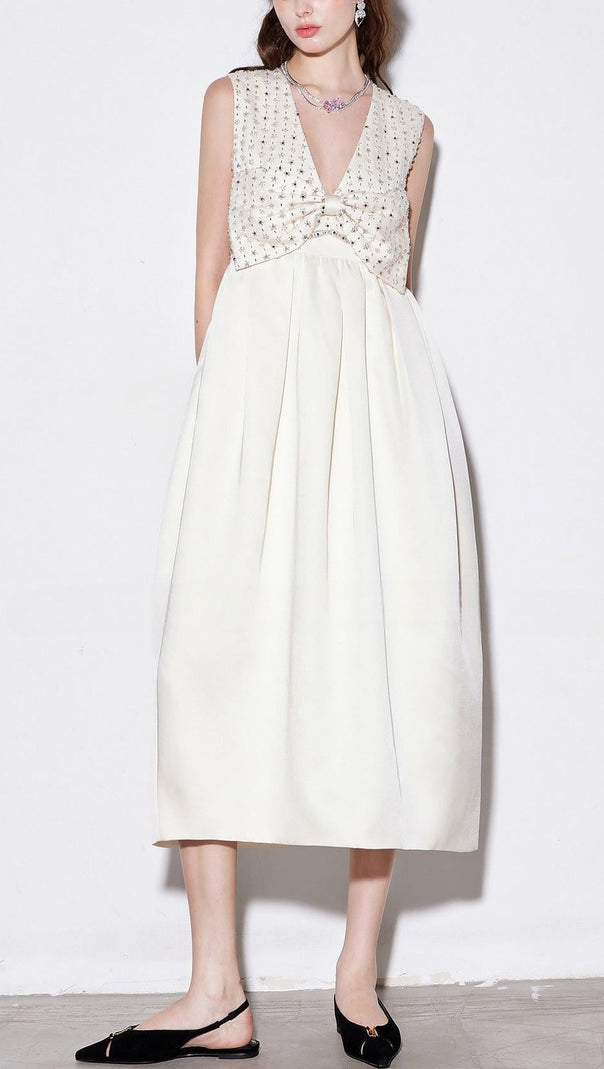 AIIZIE alva v-neck rhinestone embroidery satin maxi Dress in white - product image
