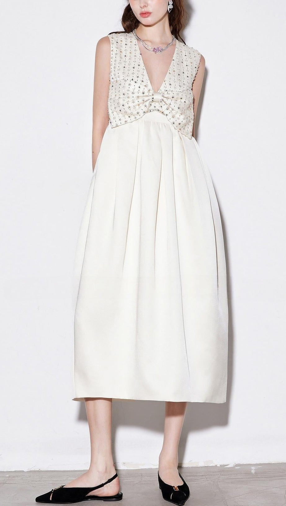 alva v-neck rhinestone embroidery satin maxi Dress in white